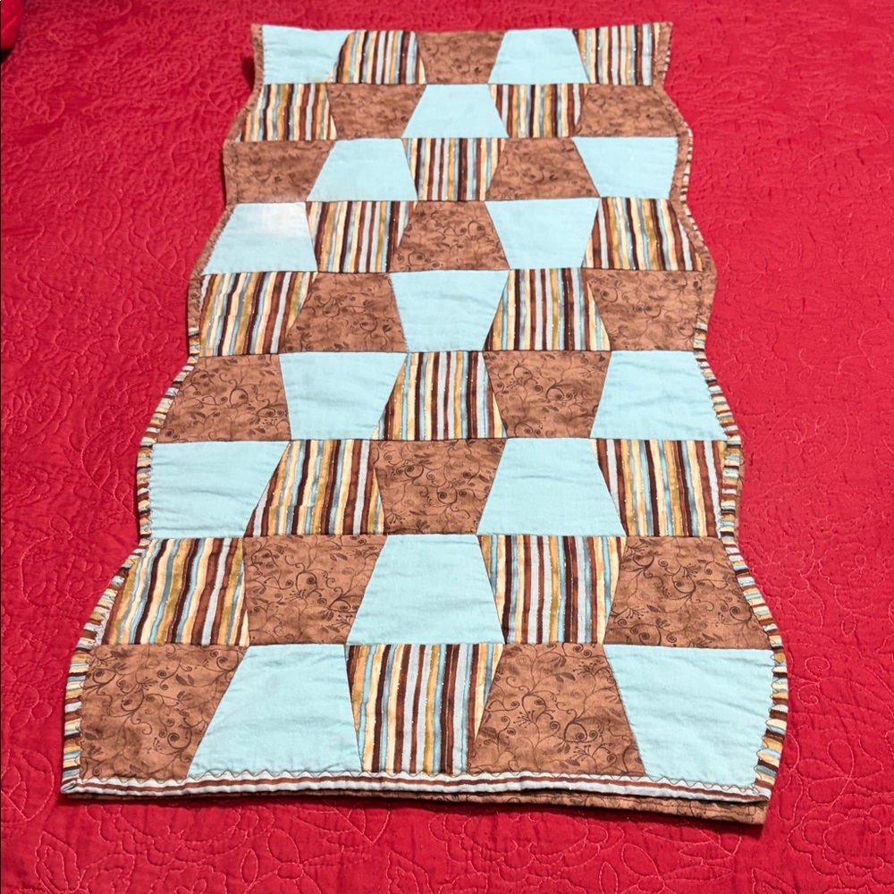 Teal Brown Sparkle Patchwork Table runner Bed runner PreOwned L 72”X W 18”